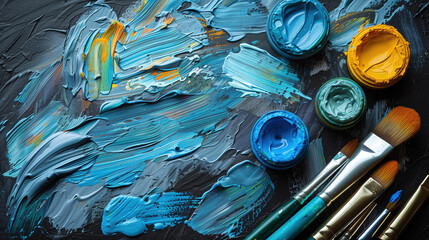 Creative artist's palette with brushes and acrylic paint. Generative AI image