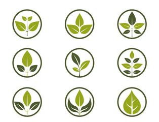 organic icon set. green plant in a circle. eco friendly, natural and bio symbols. isolated vector illustrations