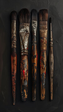 Used paintbrushes on dark background - artistic tools. Generative AI image