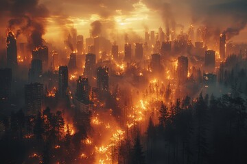 Fototapeta na wymiar City Engulfed in Flames and Smoke