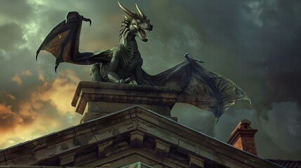 a dragon sitting on top of a building in an angry mood, a dragon statue on the roof of the temple - Powered by Adobe