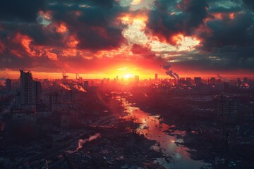 Sun Setting Over City With River - obrazy, fototapety, plakaty