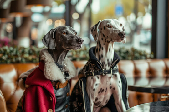 Fashionable dogs dressed in winter attire at a cafe. Generative AI image