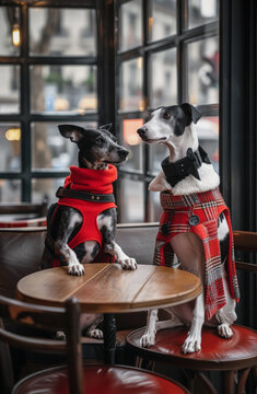 Two stylish dogs in clothing sitting at a cafe. Generative AI image