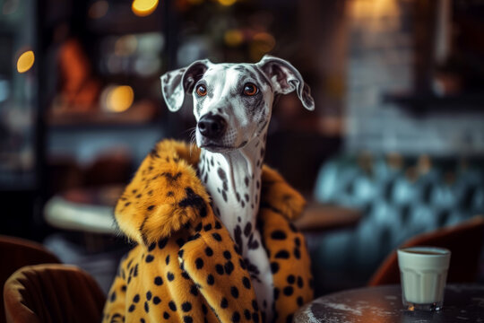 Fashionable dog wearing a chic leopard print coat at a cafe. Generative AI image