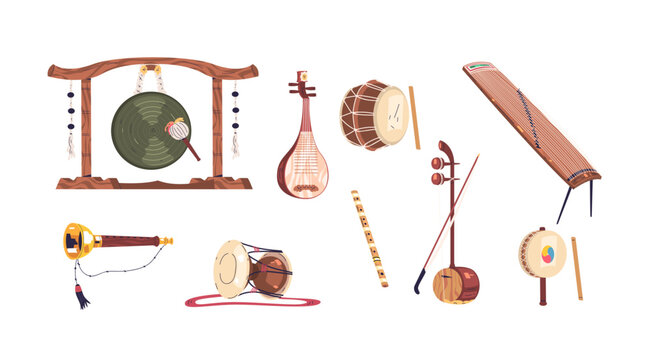 Korean musical instruments. Traditional music instrument of Korea, piping instrumentation for festival performance, chinese loquat samulnori drum gong, classy vector illustration