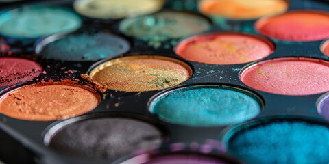 A close-up photo of a vibrant eyeshadow makeup palette with various colors and textures