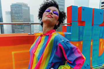 Woman Standing in Front of Colorful Wall. Generative AI