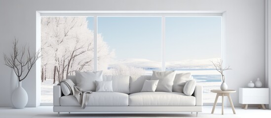 Fototapeta na wymiar A minimalist living room featuring a white couch positioned in front of a large window. The room is designed in a Scandinavian style, with clean lines and a neutral color palette.