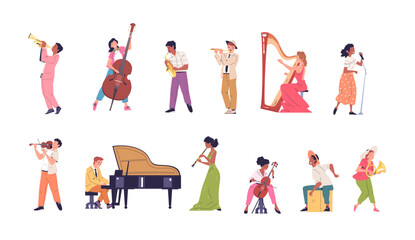 Musicians orchestra characters. Musician philharmonic band performing opera performance classic musical instrument player trumpet drums sax contrabass, classy vector illustration