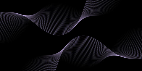 Abstract background with waves for banner. Medium banner size. Vector background with lines. Element for design isolated on black. Black and purple gradient. Brochure, booklet. Night, dark