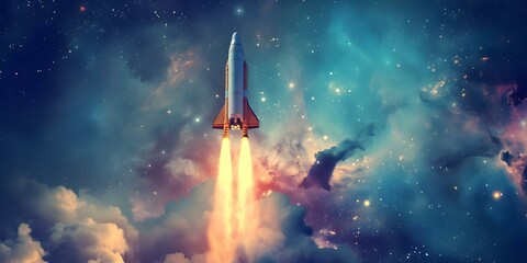 A rocket soaring through the vibrant cosmos against a cerulean backdrop. Concept Space exploration, Rocket launch, Vibrant cosmos, Cerulean backdrop, Adventure illustration