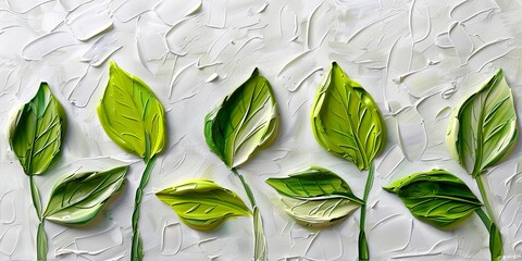 A decorative painting of green leaves with thick oil painting texture effect. Green leaves with three-dimensional effect of thick paint rich in details. Simple and modern leaf painting. - obrazy, fototapety, plakaty