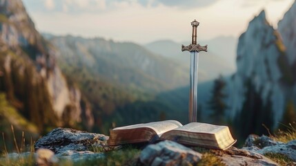 A Sword and an open Book Bible with Nature Mountains in the Background. AI Generative - obrazy, fototapety, plakaty