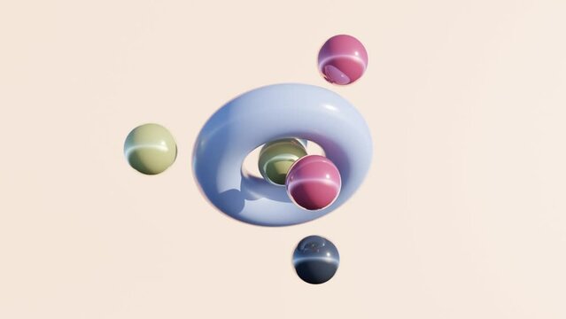 Blue Torus with Colorful Orbits: Abstract 3D Animation on Peach Background
