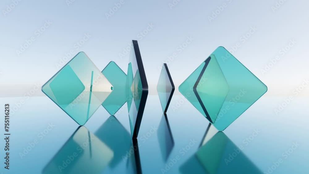 Poster translucent green plate array: abstract 3d animation on mirrored surface