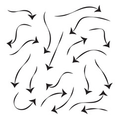 Arrows set, hand drawn doodle direction twist indicators, pointers and scroll elements. Collection of swirly various dynamics shapes. Isolated on white background. Vector illustration eps 10.