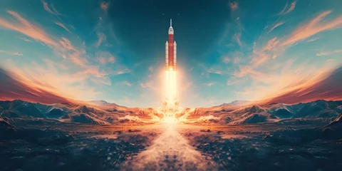 Foto op Plexiglas Technology and exploration symbolized by rocket launching into space with NASA image elements. Concept Space Exploration, NASA, Rocket Launch, Technology, Outer Space © Ян Заболотний