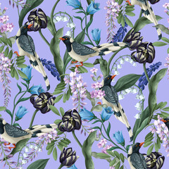 Seamless sensitive pattern with magpies and tulips. Vector. - 755116236