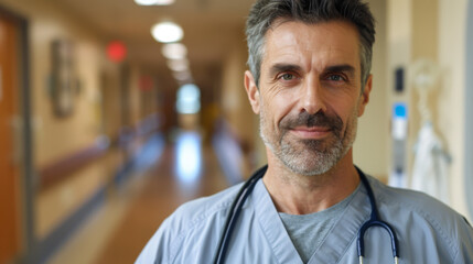 Fototapeta premium A man in a white lab coat is smiling for the camera. He is a doctor and is standing in a hallway.