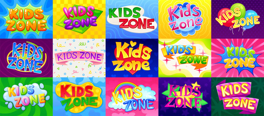 Fototapeta na wymiar Kids zone emblems. Child playground zone badge, rainbow sign kid play toy area logo fun entertainment or baby education creative cartoon letter label, neoteric vector illustration