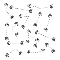 Arrows set, hand drawn doodle direction twist indicators, pointers and scroll elements. Collection of swirly various dynamics shapes. Isolated on white background. Vector illustration eps 10.