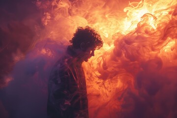 Man Standing Before Fire-Filled Wall