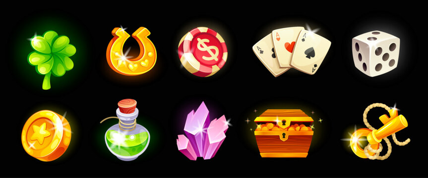 Rpg game slots. Magical gaming icons for mobile casino roulette, cartoon loot ui badge kit ancient treasure dice gold medal magic glow gems video games neoteric vector illustration