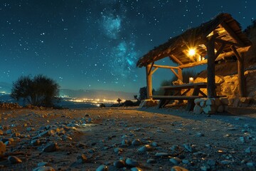 Small Hut With Bench Under Starry Night Sky - obrazy, fototapety, plakaty