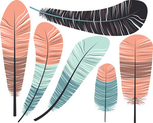 Vector set of different feathers in flat style isolated on transparent background.