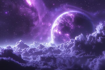 Purple Planet With Rings in Sky - obrazy, fototapety, plakaty