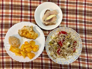 Salad of fresh vegetables and microgreens of sprouted mung beans. Fried potatoes with fish and meat patties. Herring sandwich with butter on colored background. Close-up