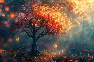 Tree With Falling Leaves - obrazy, fototapety, plakaty
