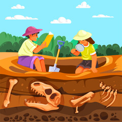 Children archaeologists. Child archeology, cartoon kid archaeologist or paleontologist history excavation working, kids exploring ancient fossil in soil, recent vector illustration