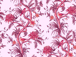 Seamless chinoiserie pattern with branches, flowers and birds. Vector. - 755117625