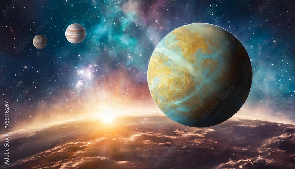 Wall mural infinite universe with stars and galaxies. sci-fi landscape with planets. open space.