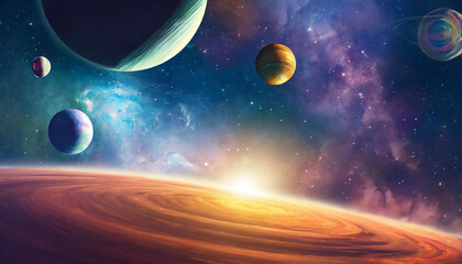 Infinite universe with stars and galaxies. Sci-fi landscape with planets. Open space.
