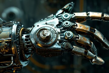A detailed mechanical hand and arm with a steampunk aesthetic, showcasing intricate gears and vintage-inspired design elements - obrazy, fototapety, plakaty