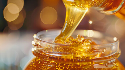 A jar of honey is poured into a glass. The honey is golden and thick, and it looks like it's coming out of the jar. The scene is peaceful. Food concept. - obrazy, fototapety, plakaty