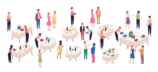 Fototapeta na wymiar People at banquet table. Standing appetizer tables catering banquet service occasioned celebration wedding birthday party, enjoy restaurant food drink, classy vector illustration