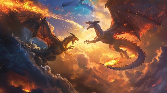 two dragons fighting with each other with their fire in the sky