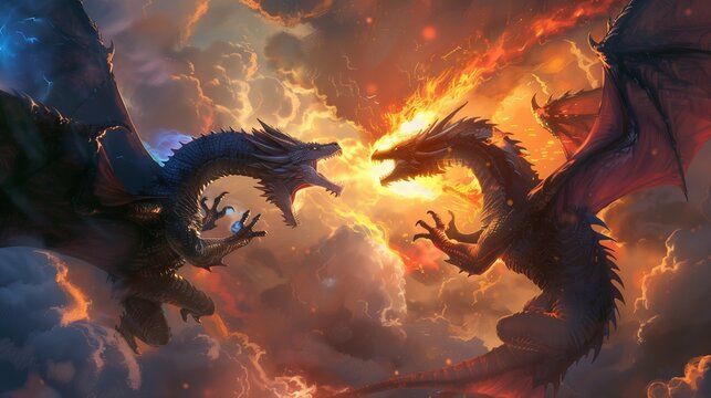 two dragons fighting with each other with their fire in the sky