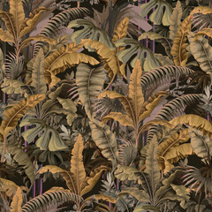 Seamless pattern with gold banana leaves. Vector.