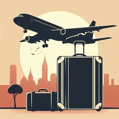 スーツケースと飛行機のシルエットのイラスト