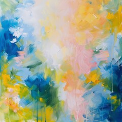 An abstract painting featuring bold brushstrokes of blue, yellow, pink, and green creating a visually striking composition.