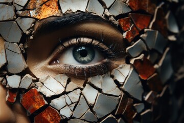 A woman's eye gazing through a broken mosaic