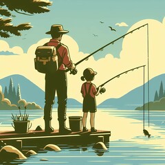 湖で釣りをする親子の後ろ姿