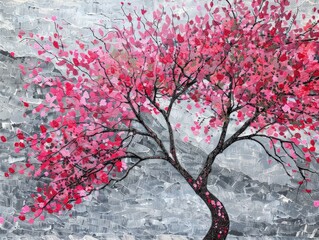 A painting depicting a tree with pink leaves standing tall against a clear blue sky.