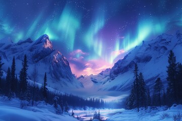 Snowy Mountain Landscape With Aurora Lights