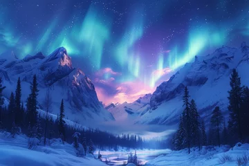 Crédence de cuisine en verre imprimé Aurores boréales Snowy Mountain Landscape With Aurora Lights
